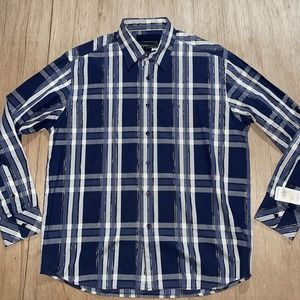 RocaWear Classic Shirt Mens Lg Blue Red Plaid Gold Stitching Button Long‎ Sleeve